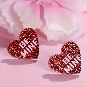 New Acrylic BE MINE Red Heart Stud Earrings